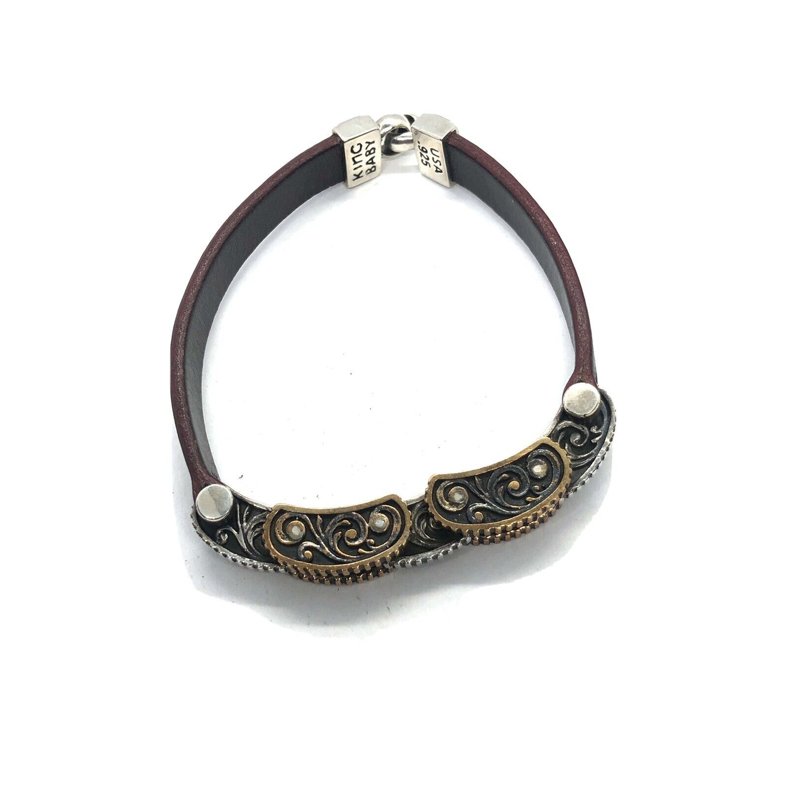 King Baby Link Bracelet Silver 925 And Alloy Burgundy Leather 875 In 350$